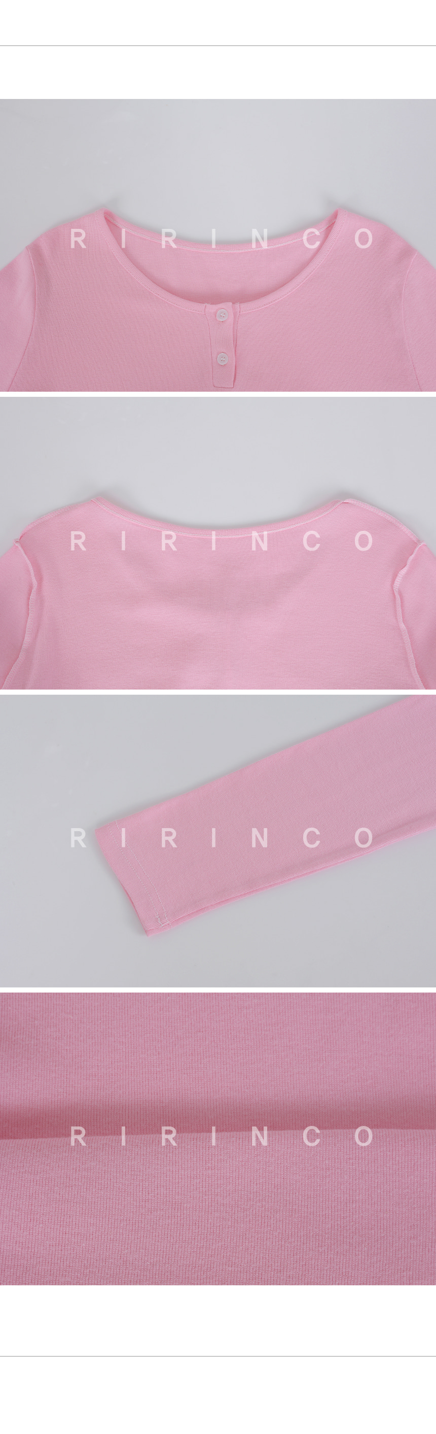 RIRINCO セミクロップド丈ラウンドネックボタンTシャツ