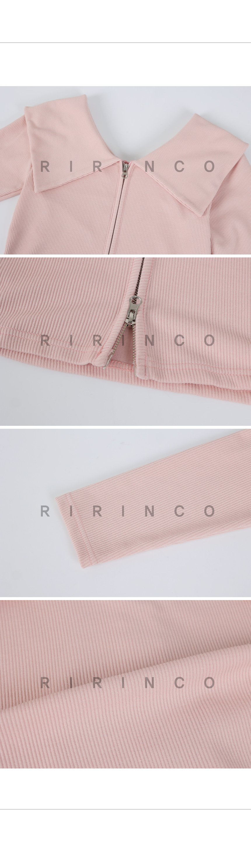 RIRINCO リブ編みビッグカラーオフショルダージップアップ