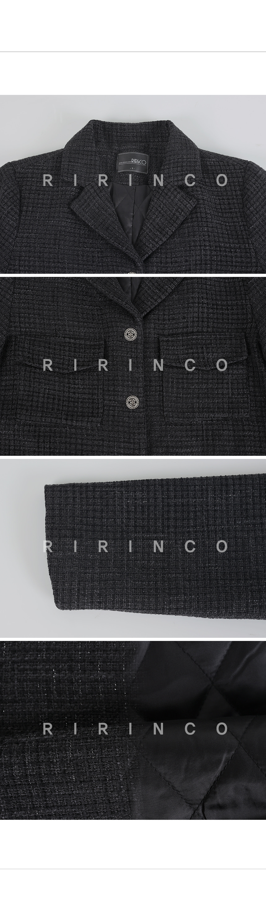 RIRINCO ツイードポケットセミクロップドジャケット(キルティング裏地) 